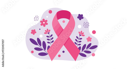Pink Ribbon Symbol of Breast Cancer Awareness with Floral Accents.
