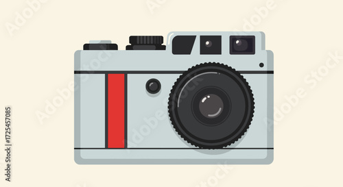 Retrostyle compact camera with a prominent lens and red stripe detail.