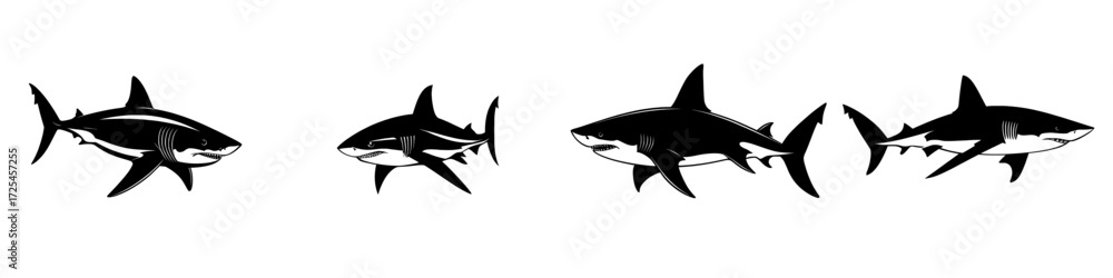 Fototapeta premium A bold, graphic silhouette of a shark in black showcases the power and presence of this magnificent creature through sharp lines and detailed fins, creating a striking visual