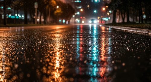 Night traffic lights in city reflecting on rainy floor, Generative ai