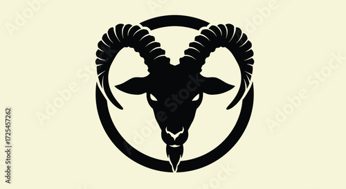Silhouette of a Rams Head with Large Curled Horns Inside a Circle.