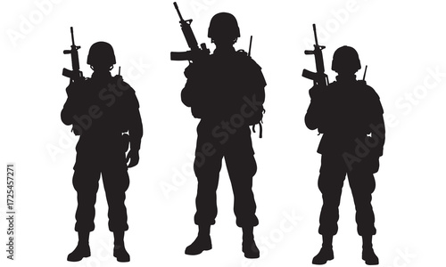 Silhouette of Armed Soldiers Standing in Line Military Vector