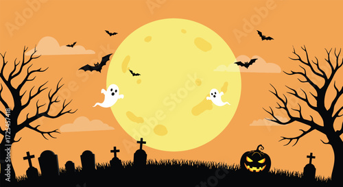 Spooky Halloween Night with Ghosts Bats and a Full Moon Over a Graveyard.