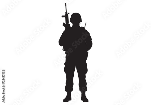 Silhouette of Armed Soldier Standing with Rifle Military Vector
