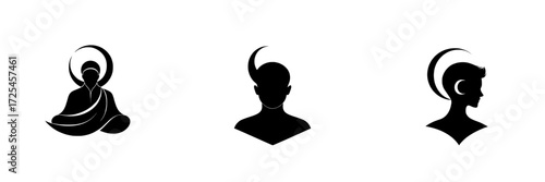A minimalist representation of a person's head and shoulders in black silhouette is encircled by two stylized crescent moons, symbolizing spirituality, peace, or balance