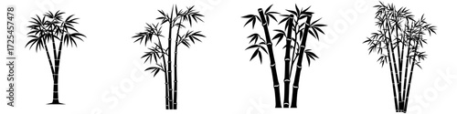 A minimalist black and white illustration, titled Bamboo Silhouette, features a bamboo plant's elegant silhouette with detailed segmented stalks and delicate leaves