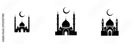 The Mosque Icon is a simple yet powerful black silhouette icon that depicts a mosque and features a crescent moon atop the dome, making its minimalist design perfect for religious and cultural