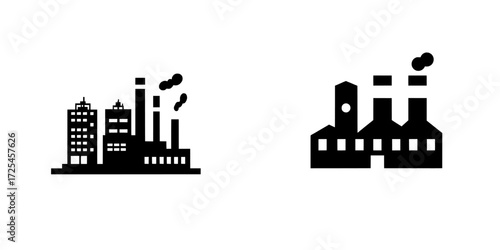 Industrial Factory Icon represents a simple yet effective black icon of a three-chimney industrial factory building, symbolizing manufacturing, production, and industry