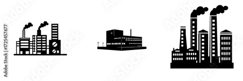 A bold and minimalist silhouette of a factory with smoke billowing from its chimney represents industry, manufacturing, and production as an industrial icon