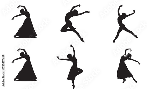 Six black silhouette images of ballet dancers in various dynamic poses, showcasing grace and movement