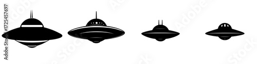 A classic flying saucer UFO is depicted in stark black silhouette against a clean background, ideal for sci-fi designs and futuristic concepts