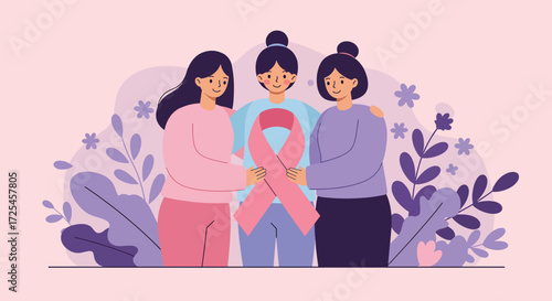 Three women holding a pink ribbon symbolizing breast cancer awareness and support.