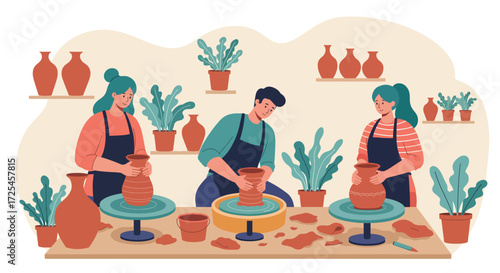 Three people engaged in pottery making on pottery wheels surrounded by plants and finished vases.
