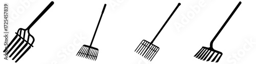 A stylized illustration of a three-clawed garden tool is presented in a bold black silhouette against a clean background, ideal for weeding or cultivating
