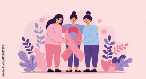 Three women supporting breast cancer awareness with a pink ribbon.