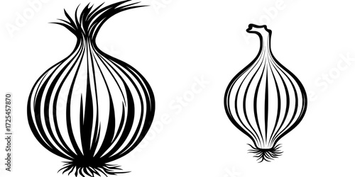 The Onion Icon features a simple yet striking black silhouette of an onion, highlighting its classic shape and layered texture, ideal for culinary designs, restaurant menus, and farm-fresh branding