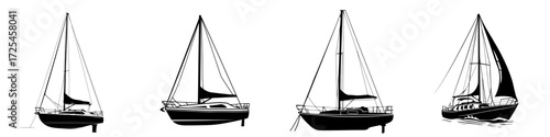 A sleek, compact boat cuts through the water, creating a timeless silhouette that embodies adventure and freedom on the open sea with its minimalist black and white design