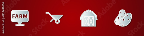 Set Location farm, Wheelbarrow, Farm house and Potato icon. Vector
