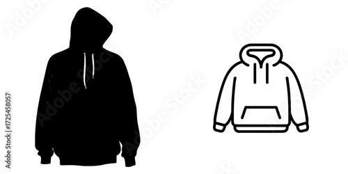 Hoodie Silhouette features a simple yet stylish outline of a hoodie that includes a kangaroo pocket, ideal for use in branding, merchandise, and apparel designs