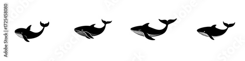 A sleek, minimalist silhouette of a humpback whale is depicted leaping gracefully from the water with its powerful tail fin extended in a dramatic display of marine power