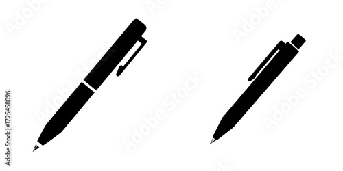 A minimalist modern illustration of a classic ballpoint pen, poised ready to write, ideal for stationery, office supplies, or writing-related concepts, is depicted in the Simple Black Pen Icon