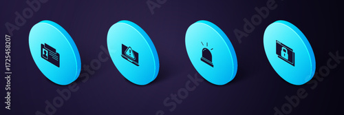 Set Isometric Secure your site with HTTPS, SSL, Motion sensor, Laptop exclamation mark and Identification badge icon. Vector