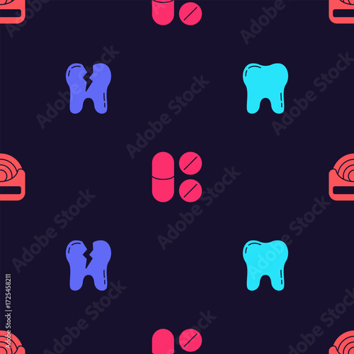 Set Tooth, Broken tooth, Painkiller tablet and Dental floss on seamless pattern. Vector