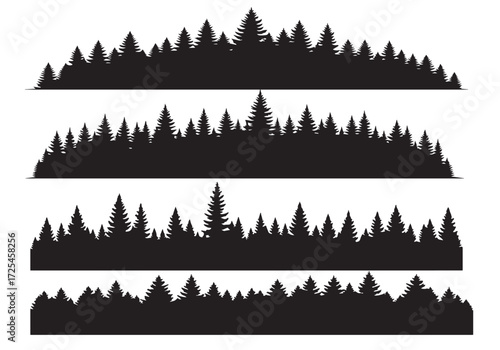 This set of three black silhouettes of pine forests against a white background captures the essence of a tranquil woodland scene.