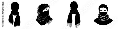 A minimalist black and white illustration of a folded winter scarf with fringed edges is perfect for fashion blogs, winter apparel catalogs or seasonal design projects, and is referred to as a