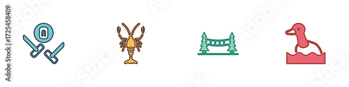 Set Curling sport game, Lobster, Capilano Suspension Bridge and Flying duck icon. Vector