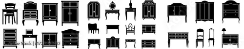 An assortment of classic wardrobe symbols and silhouettes of furniture pieces rendered in monochrome