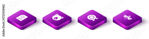 Set Isometric Honeycomb, Bear head, Hanging sign with honeycomb and Bee icon. Vector