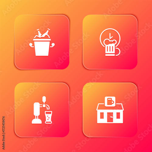 Set Beer bottles in ice bucket, Happy hour, tap with glass and Store building of beer shop icon. Vector
