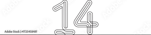 Minimalist continuous one line drawing of number 14 in modern black geometric line art style on white background