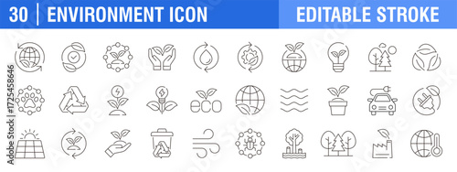 Collection of environment icons. Recycling, ecology, solar, energy and more. Vector design template, signs, symbols, editable stroke.