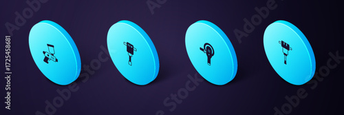 Set Isometric Construction jackhammer, Angle grinder, and Paint spray gun icon. Vector