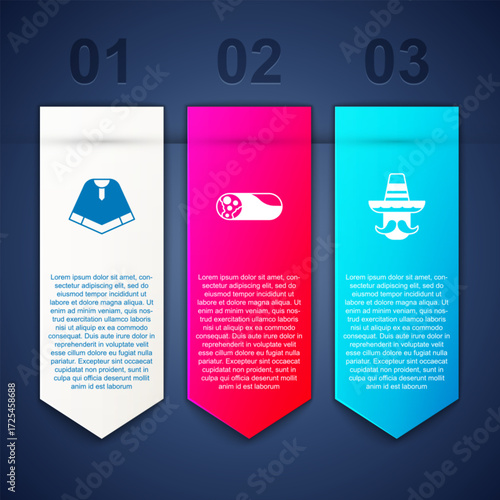 Set Poncho, Burrito and Mexican man sombrero. Business infographic template. Vector