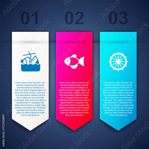Set Sinking cruise ship, Fish and Ship steering wheel. Business infographic template. Vector