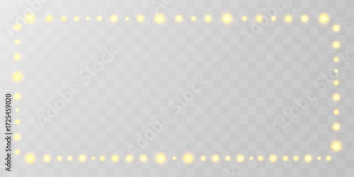 Light garland frame rectangle. Fairy star straight string, shiny decorative border. Vector transparent bulb festoon, holiday party invitation. Christmas golden glitter wreath, festive ramadan pattern