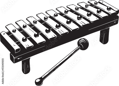 Xylophone and Mallet Monochrome: A detailed illustration of a wooden xylophone and its mallet in a striking black and white. This image focuses on the instrument's structure.