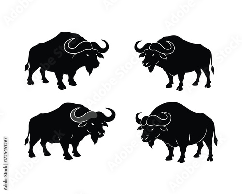 Four silhouette illustrations of african buffalo or cape buffalo animals standing in different poses on a white background