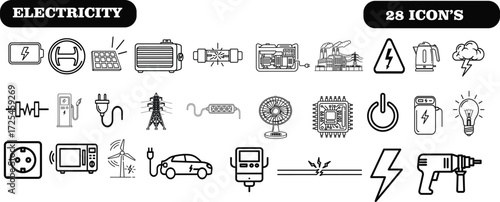 Line art icons representing electricity and power sources