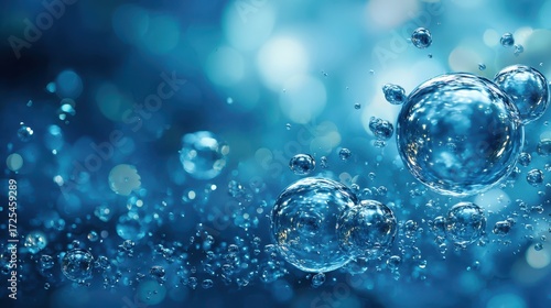 Wallpaper Mural Bubble cluster of diverse sizes underwater, surrounded by a dreamy, abstract blue background with soft bokeh light effects reflecting on their surfaces, creating a tranquil ambiance Torontodigital.ca