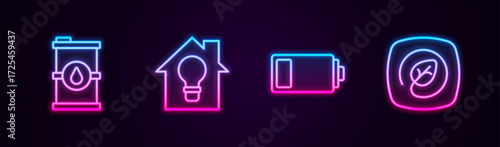Set line Bio fuel barrel, Smart house and light bulb, Battery and Location with leaf. Glowing neon icon. Vector