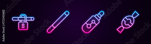 Set line No smoking, Cigarette, Electronic cigarette and Candy. Glowing neon icon. Vector