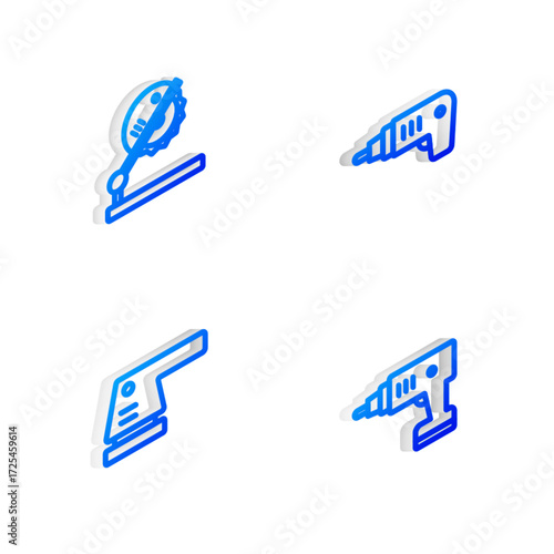 Set Isometric line Electric cordless screwdriver, Table saw for woodwork, sander and icon. Vector