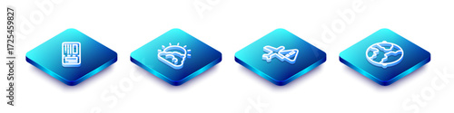 Set Isometric line Airline ticket, Sun and cloud weather, Warning aircraft and Worldwide icon. Vector