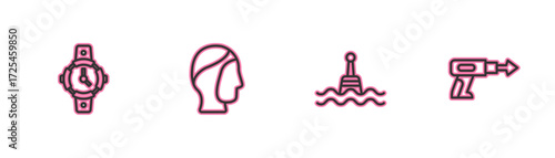 Set line Diving watch, Floating buoy, hood and Fishing harpoon icon. Vector