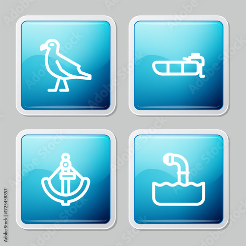 Set line Bird seagull, Inflatable boat with motor, Anchor and Periscope icon. Vector