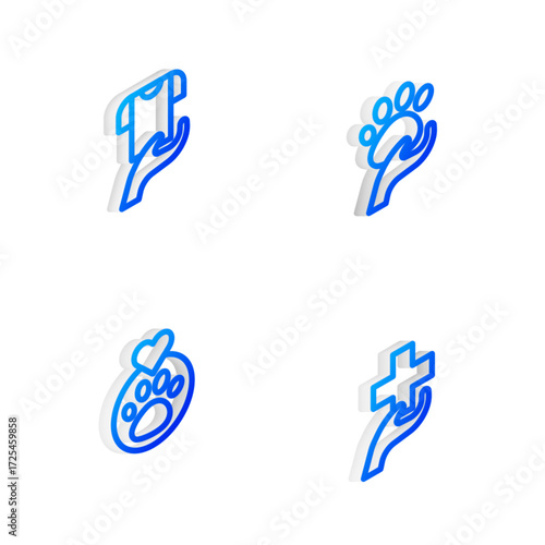 Set Isometric line Animal volunteer, Clothes donation, Heart with animals footprint and cross icon. Vector